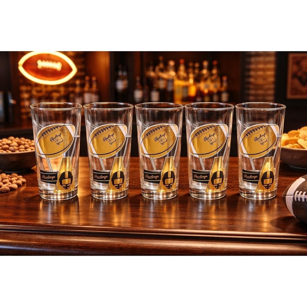 Lot Of 5 Rawlings Football Drinking Glasses 1950/60s Advertising Barware Mancave